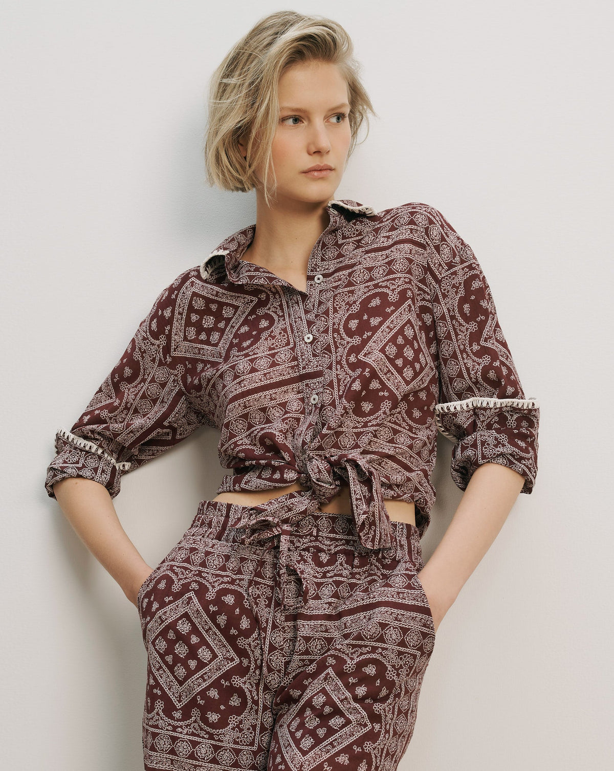 Veronica Beard | Lloyd Bandana Button-Down Shirt in Burgundy Paisley Raisin/Dove White