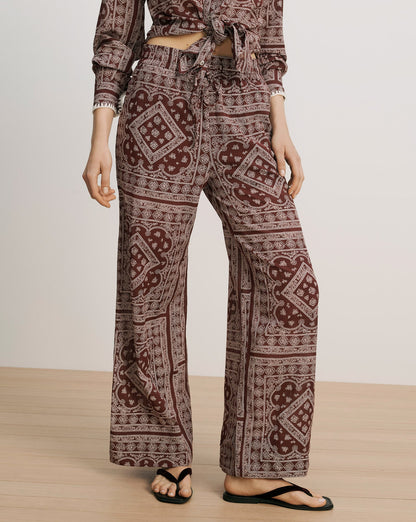 Veronica Beard | Sylvester Wide-Leg Pant in Raisin/Dove White Burgundy Bandana Print Raisin/Dove White
