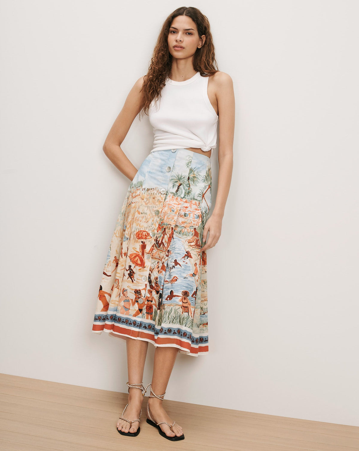 Veronica Beard | Fynnley Printed Midi Skirt in Sand Multi Sand Multi