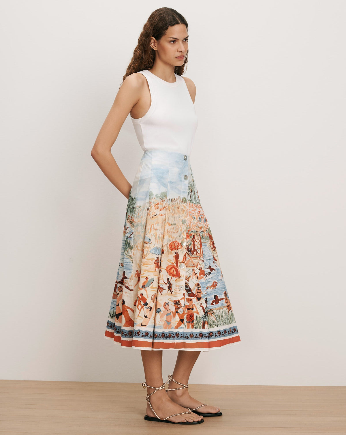 Veronica Beard | Fynnley Printed Midi Skirt in Sand Multi Sand Multi