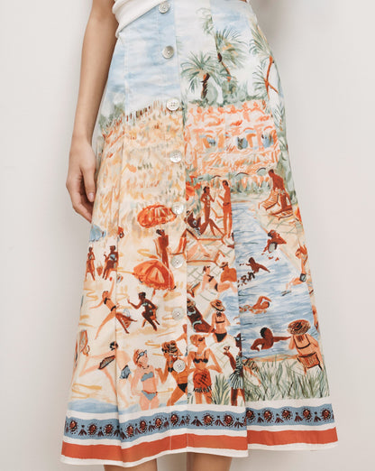 Veronica Beard | Fynnley Printed Midi Skirt in Sand Multi Sand Multi