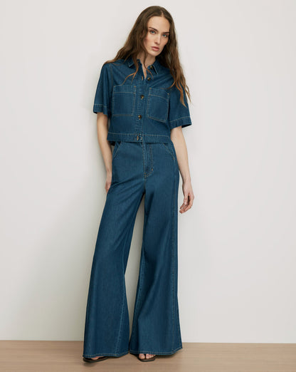 Veronica Beard | Digby Wide-Leg Chambray Pant in Dark Blue Starry Night Starry Night