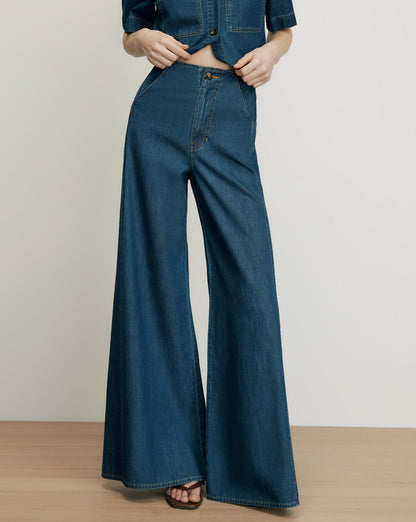 Veronica Beard | Digby Wide-Leg Chambray Pant in Dark Blue Starry Night Starry Night