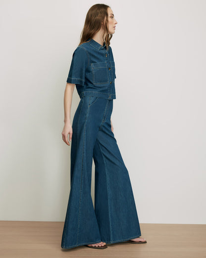 Veronica Beard | Digby Wide-Leg Chambray Pant in Dark Blue Starry Night Starry Night