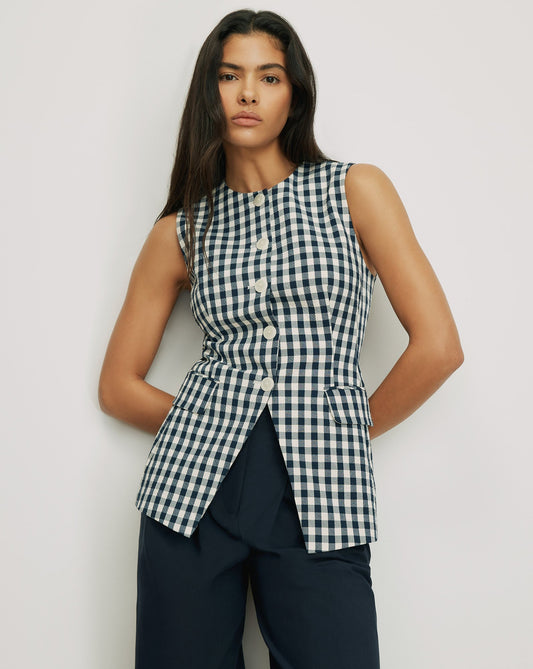 Veronica Beard | Lois Gingham Vest in Navy/Dove White Navy/Dove White