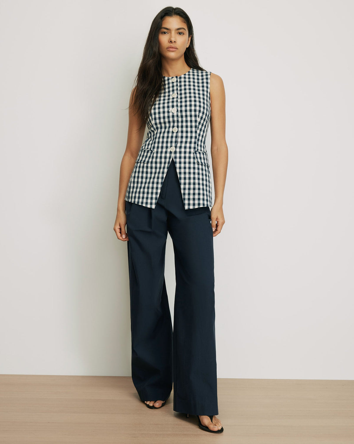 Veronica Beard | Lois Gingham Vest in Navy/Dove White Navy/Dove White