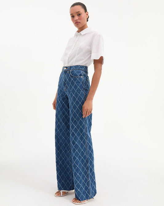 Veronica Beard | Taylor Diamond Printed Wide-Leg Jeans in Blue Blue Diamond