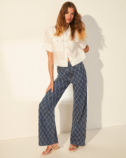 Veronica Beard | Taylor Diamond Printed Wide-Leg Jeans in Blue Blue Diamond