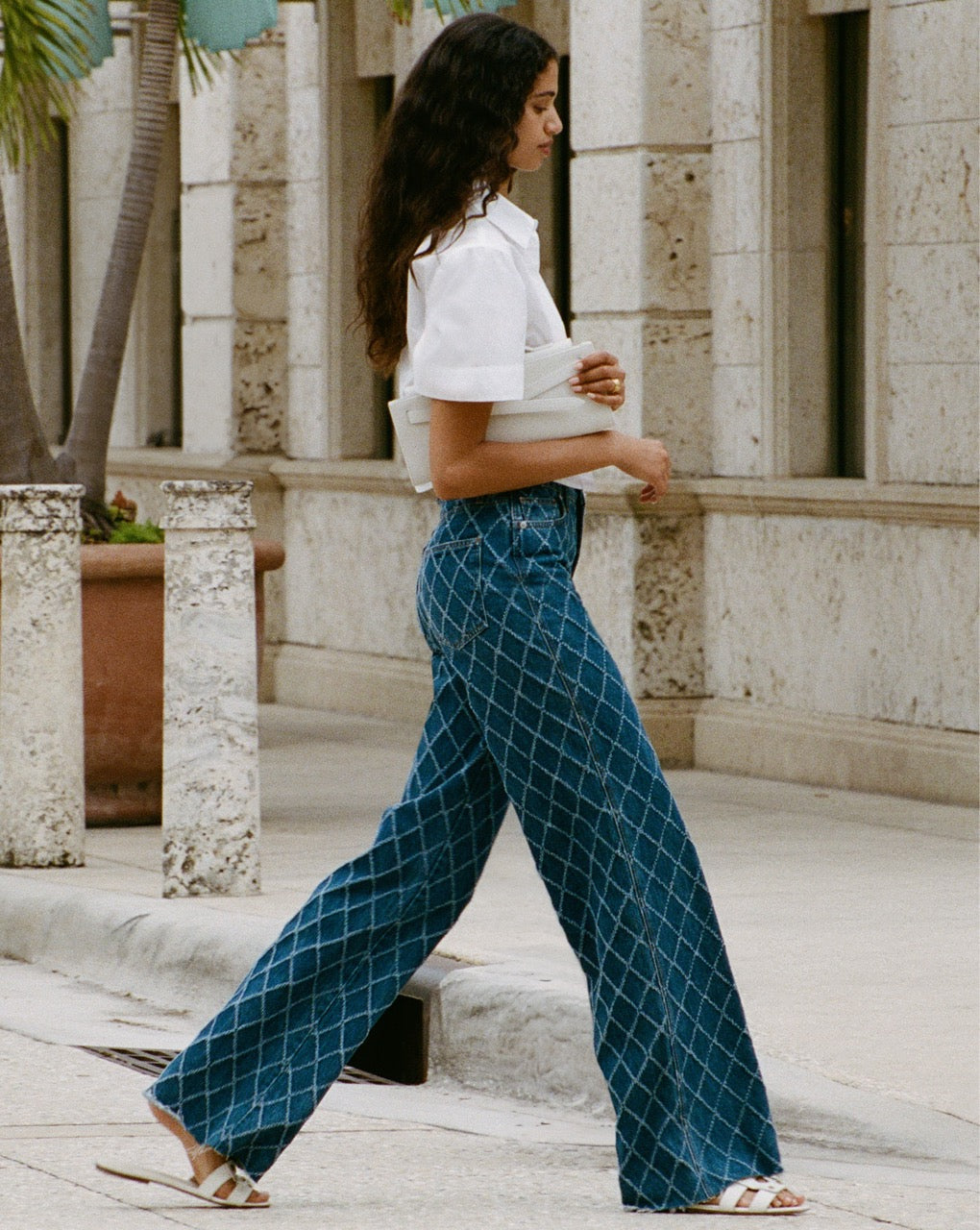 Veronica Beard | Taylor Diamond Printed Wide-Leg Jeans in Blue Blue Diamond