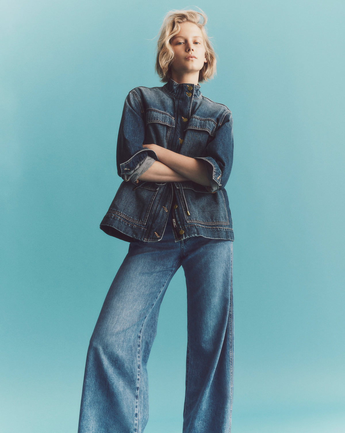 Veronica Beard | Kasey Wide-Leg Jean in Blue Wash Denim Bright Lakeshore Bright Lakeshore