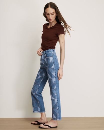 Veronica Beard | Dylan Quilt-Print Straight-Leg Jean in Prism Blue Prism Blue