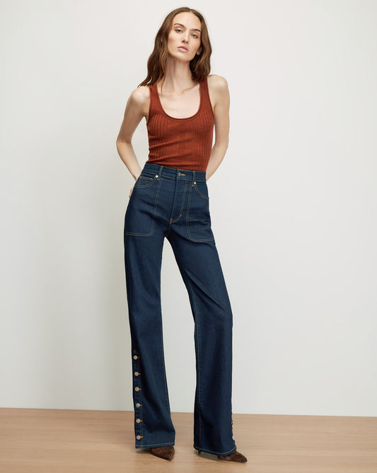 Veronica Beard | Crosbie Slim Wide-Leg Button-Seam Jean in Indigo Denim Rinse Indigo Rinse