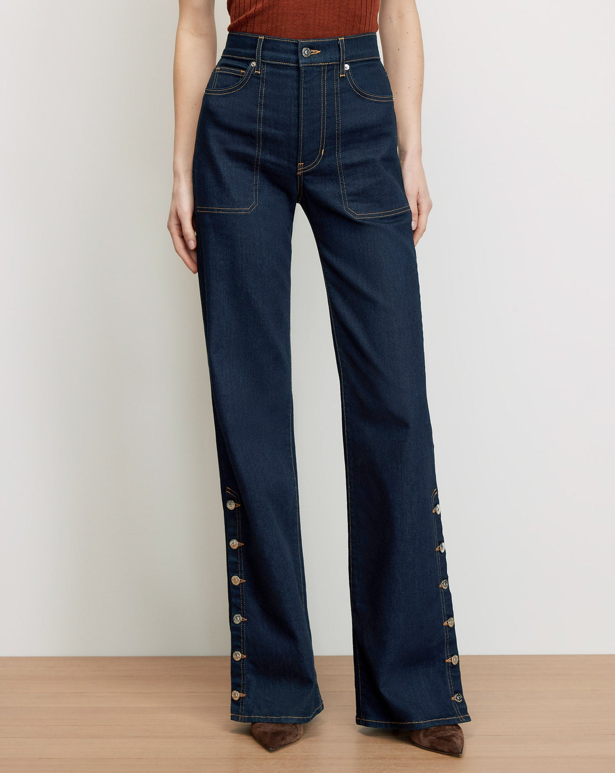 Veronica Beard | Crosbie Slim Wide-Leg Button-Seam Jean in Indigo Denim Rinse Indigo Rinse