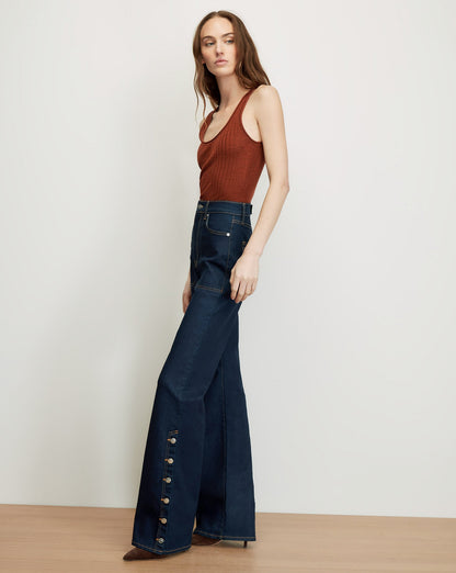Veronica Beard | Crosbie Slim Wide-Leg Button-Seam Jean in Indigo Denim Rinse Indigo Rinse