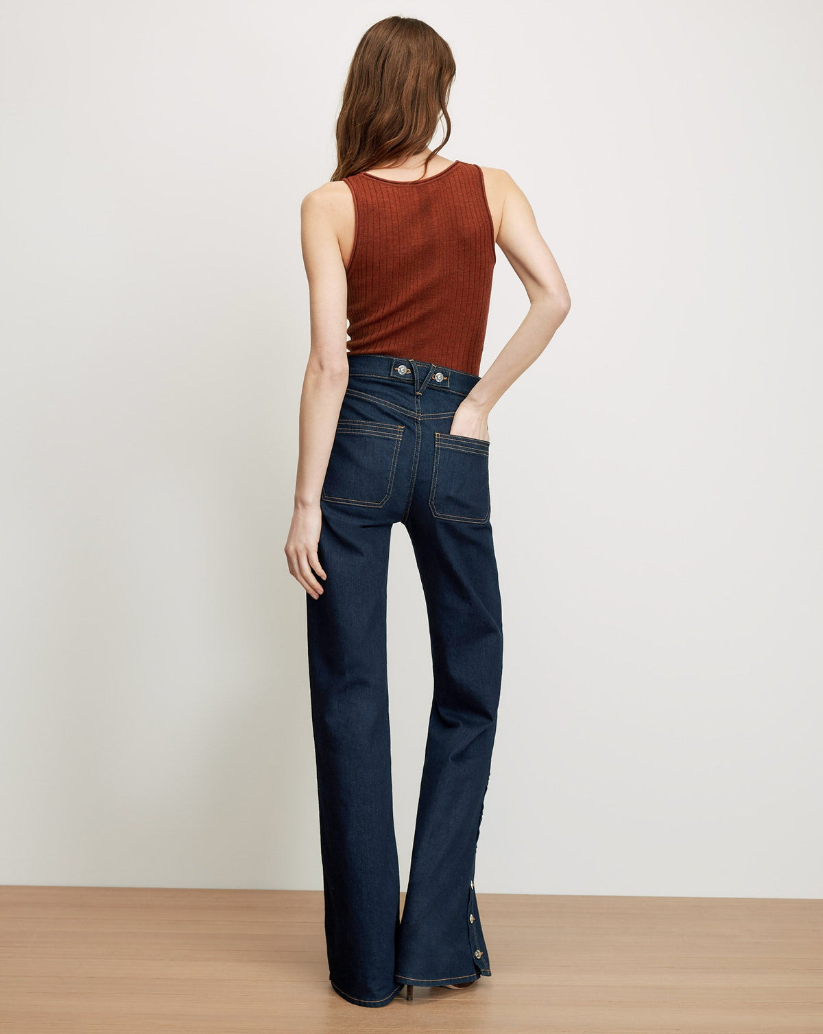 Veronica Beard | Crosbie Slim Wide-Leg Button-Seam Jean in Indigo Denim Rinse Indigo Rinse