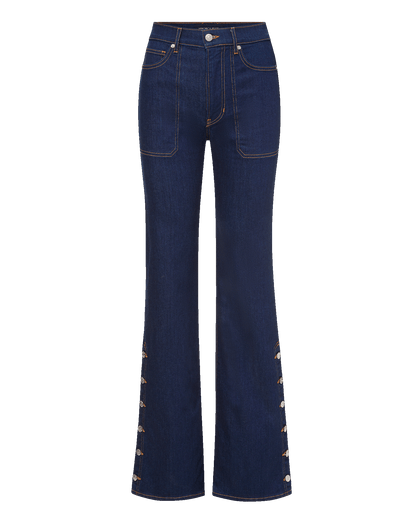 Veronica Beard | Crosbie Slim Wide-Leg Button-Seam Jean in Indigo Denim Rinse Indigo Rinse