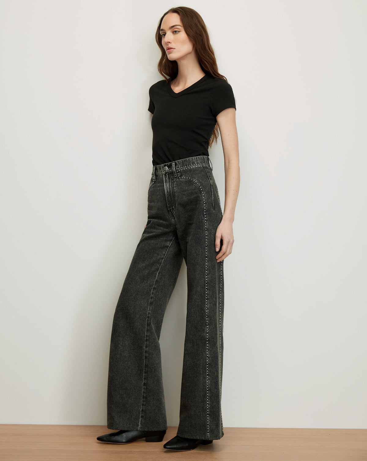 Veronica Beard | Grant Studded Wide-Leg Jean in Washed Black Tornado Tornado