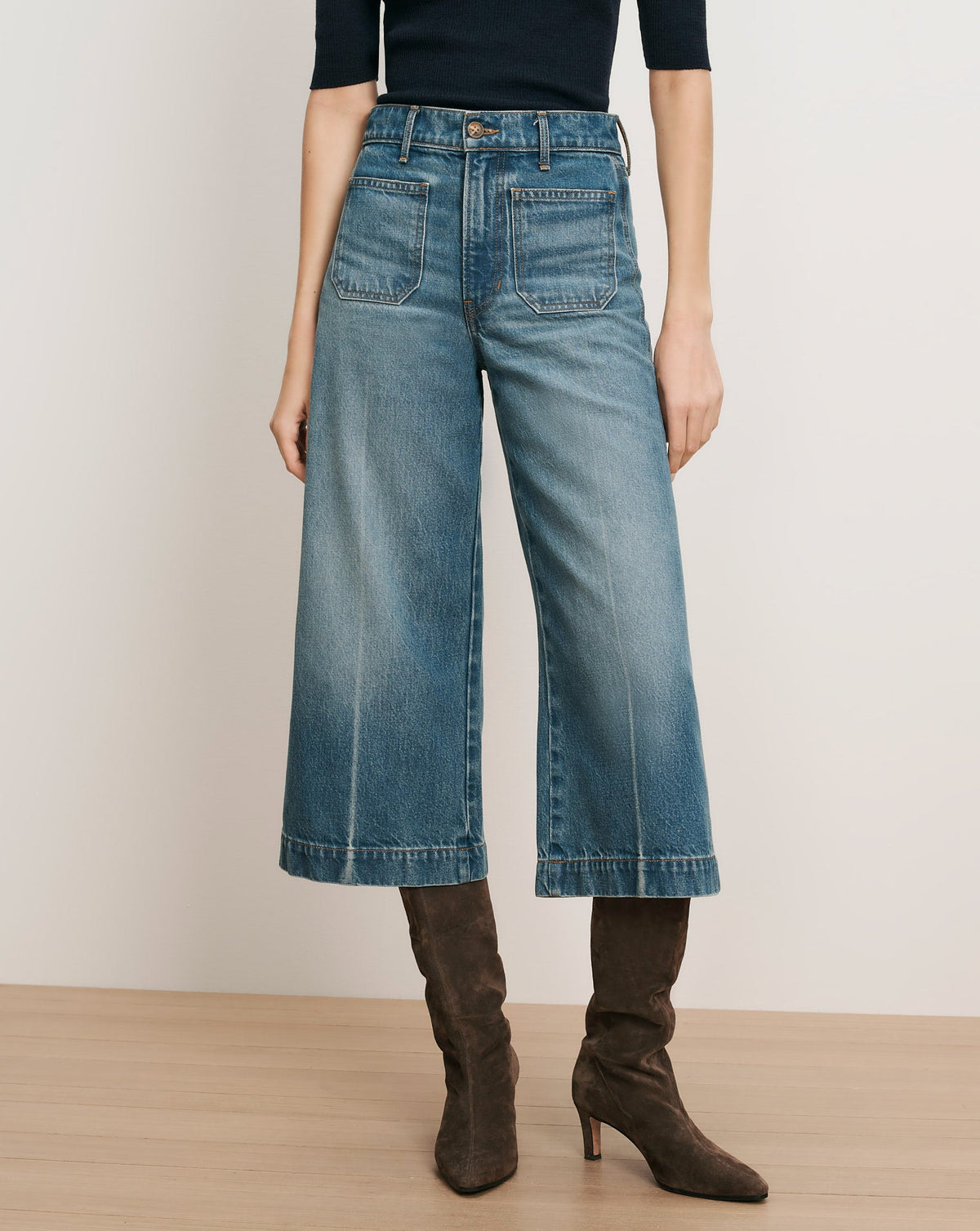 Veronica Beard | Marlowe Patch-Pocket Culotte Jean in Blue Denim Memory Lane Memory Lane