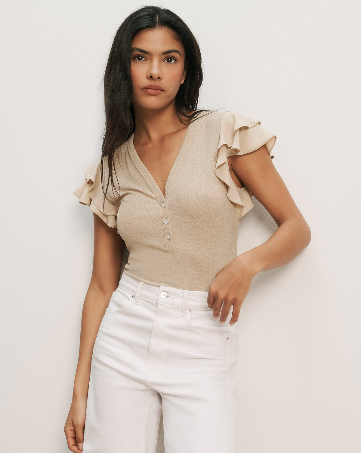 Veronica Beard | Aphrodite Mixed-Media Top in Stone Khaki Stone Khaki