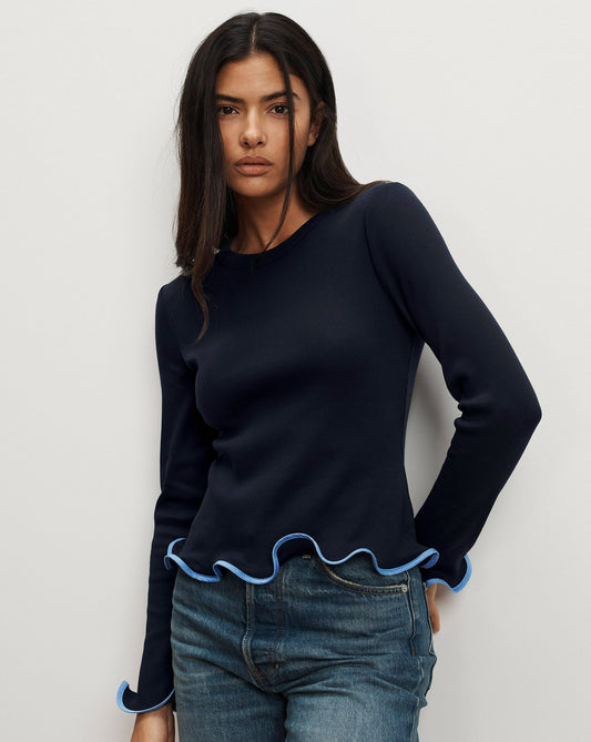 Veronica Beard | Elianne Ruffle-Trim T-Shirt in Light Blue & Navy Navy