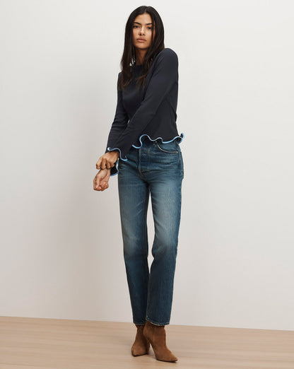Veronica Beard | Elianne Ruffle-Trim T-Shirt in Light Blue & Navy Navy