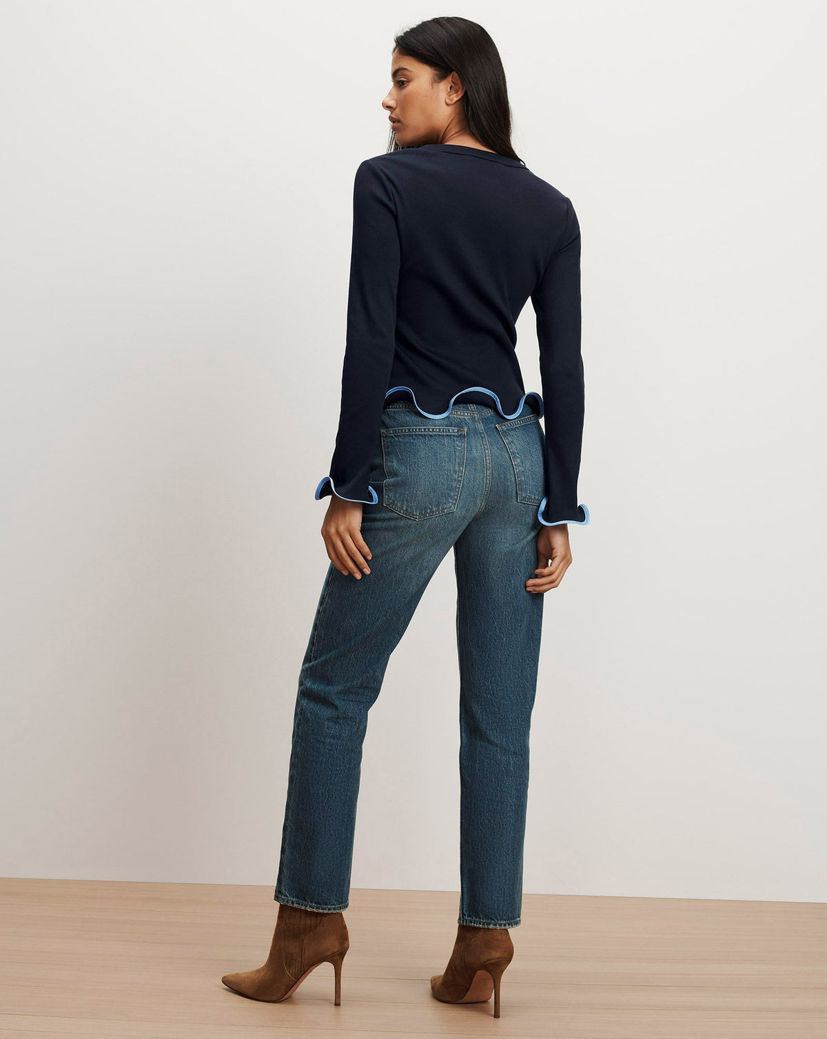 Veronica Beard | Elianne Ruffle-Trim T-Shirt in Light Blue & Navy Navy