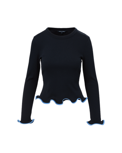 Veronica Beard | Elianne Ruffle-Trim T-Shirt in Light Blue & Navy Navy