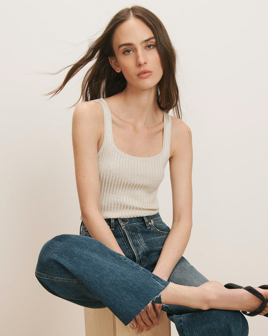 Veronica Beard | Sandra Knit Tank Top in Off-White Chevron /Stone Khaki Off-White/Stone Khaki