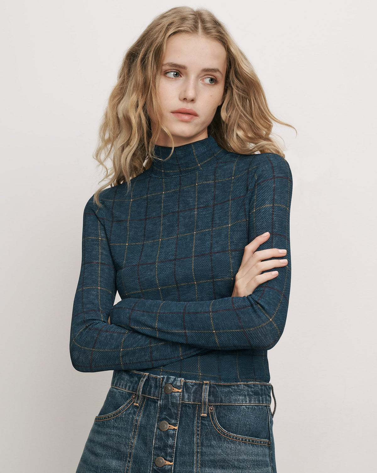 Veronica Beard | Wyeth Plaid Turtleneck Top in Teal Multi Teal Multi