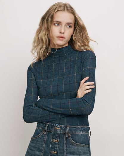 Veronica Beard | Wyeth Plaid Turtleneck Top in Teal Multi Teal Multi