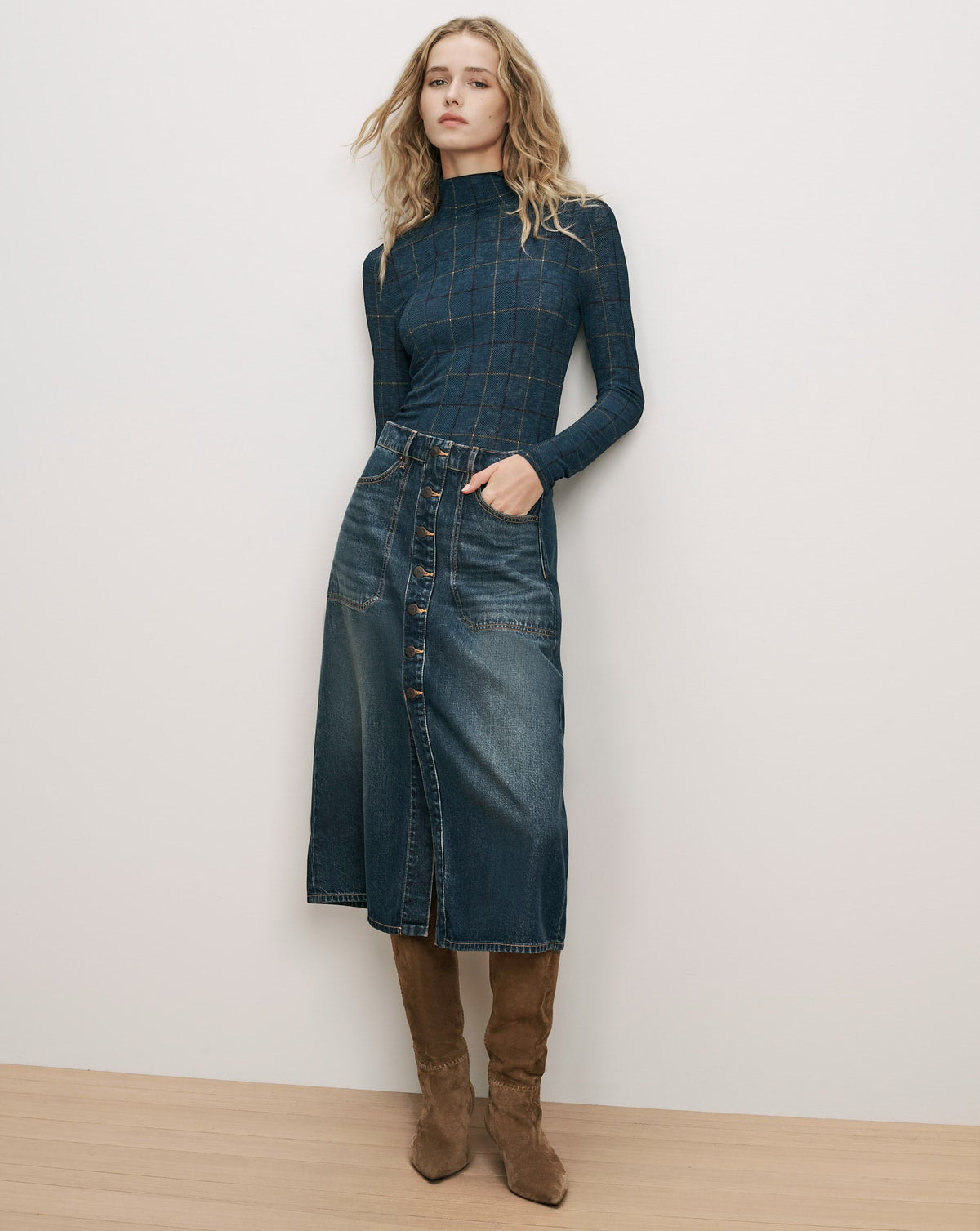 Veronica Beard | Wyeth Plaid Turtleneck Top in Teal Multi Teal Multi