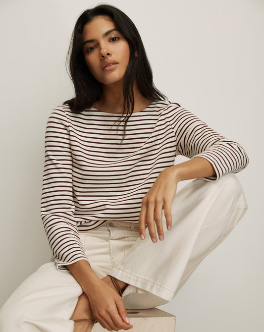 Veronica Beard | Hovey Striped Boatneck Top in Dove White & Raisin Burgundy Dove White/Raisin