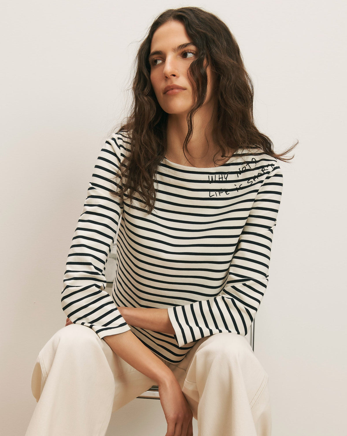 Veronica Beard | Hovey Embroidered Stripe Top in Dove/Navy Stripe Dove White/Navy Stripe