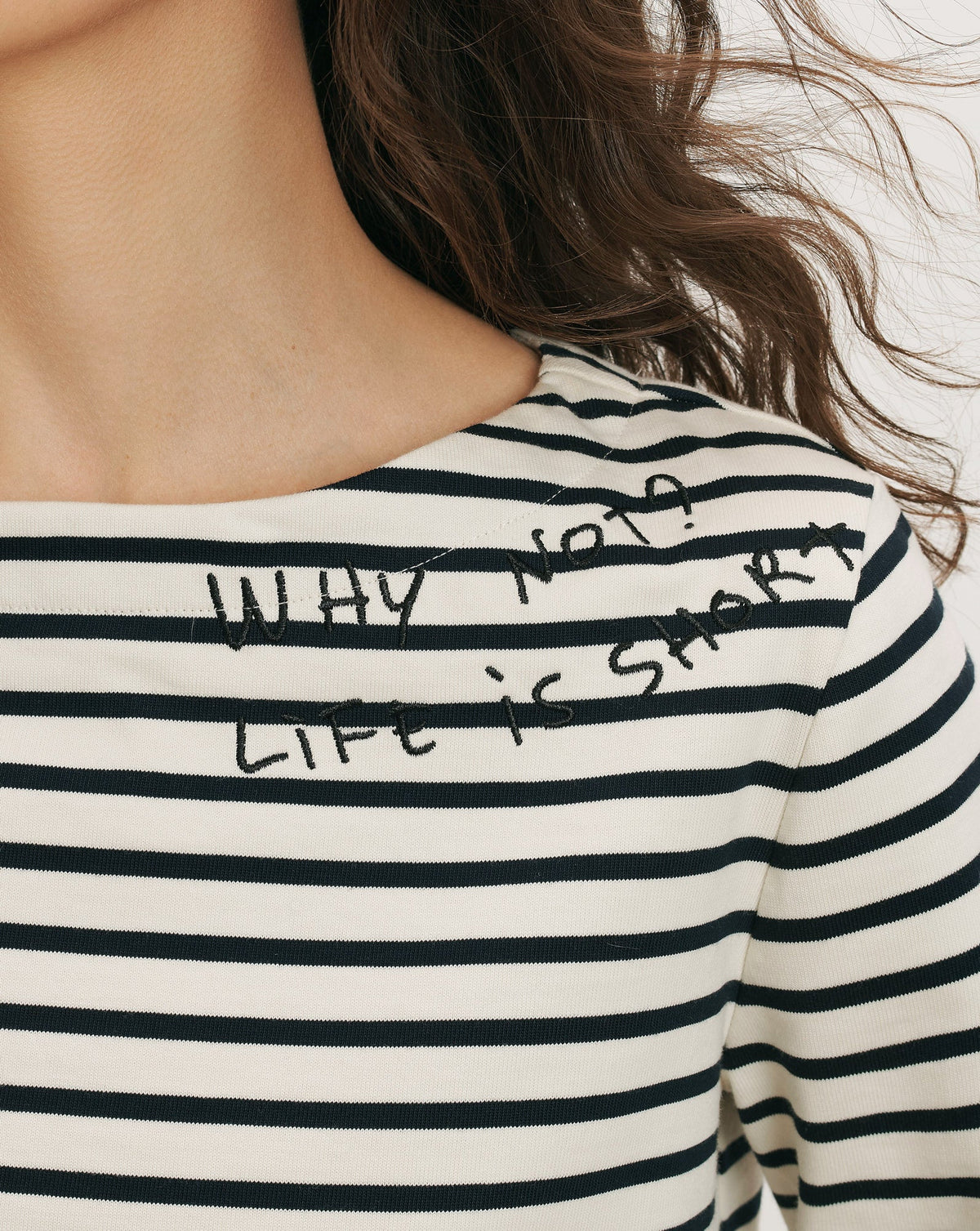 Veronica Beard | Hovey Embroidered Stripe Top in Dove/Navy Stripe Dove White/Navy Stripe