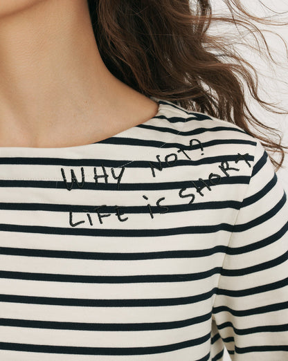 Veronica Beard | Hovey Embroidered Stripe Top in Dove/Navy Stripe Dove White/Navy Stripe