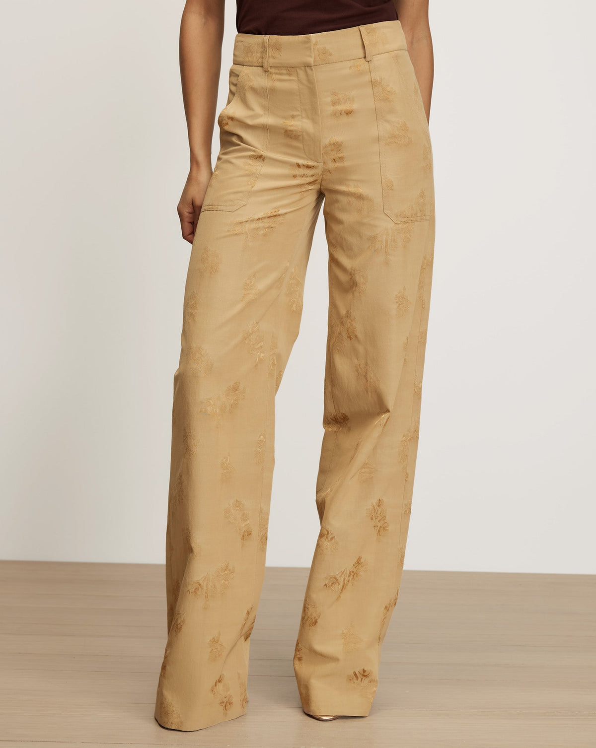 Veronica Beard | Cole Wide-Leg Floral Jacquard Pant in Tan Sand Sand