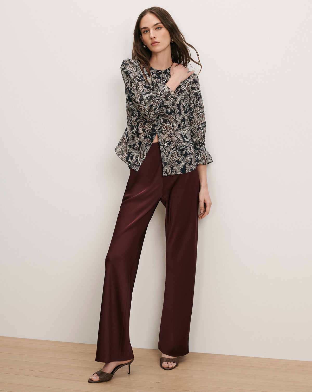 Veronica Beard | Braddock Wide-Leg Pant in Burgundy Satin Raisin Raisin