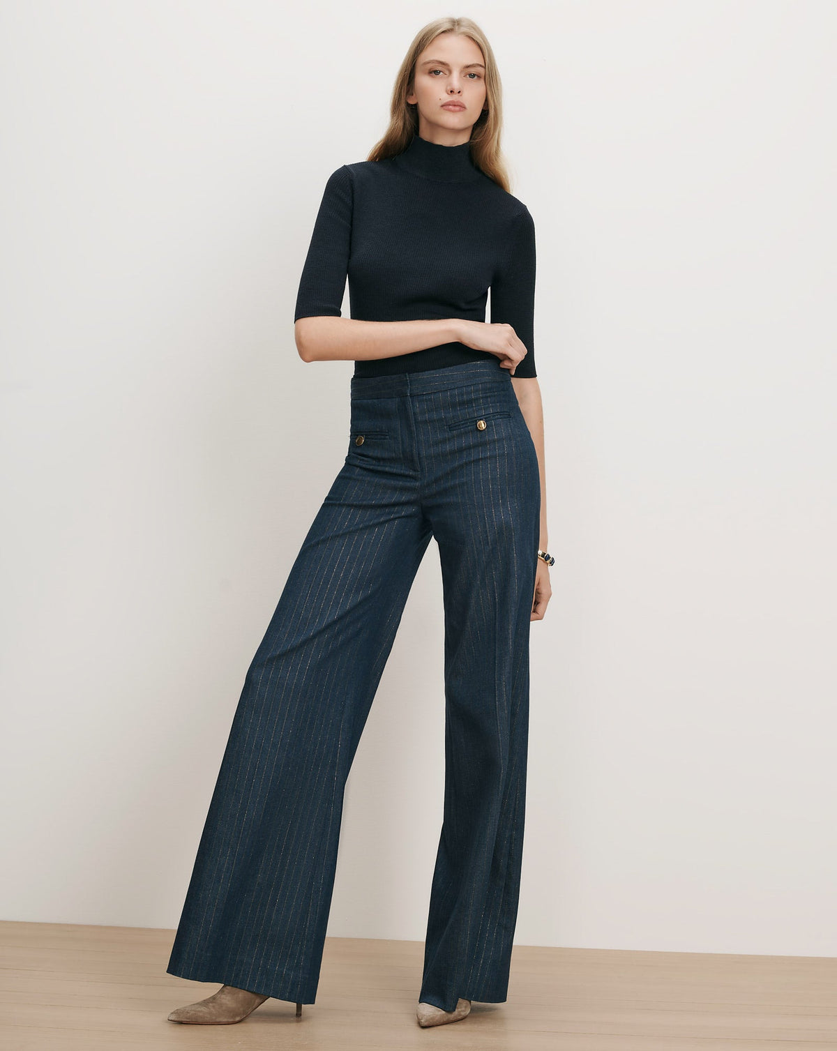 Veronica Beard | Ledger Wide-Leg Denim Pant in Blue Pinstripe Medium Indigo/Copper Medium Indigo/Copper