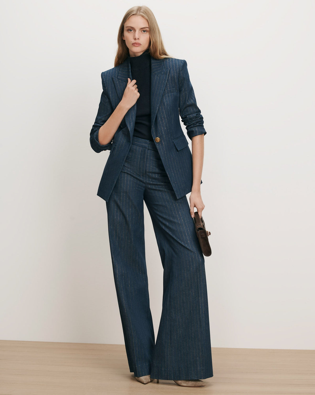 Veronica Beard | Ledger Wide-Leg Denim Pant in Blue Pinstripe Medium Indigo/Copper Medium Indigo/Copper