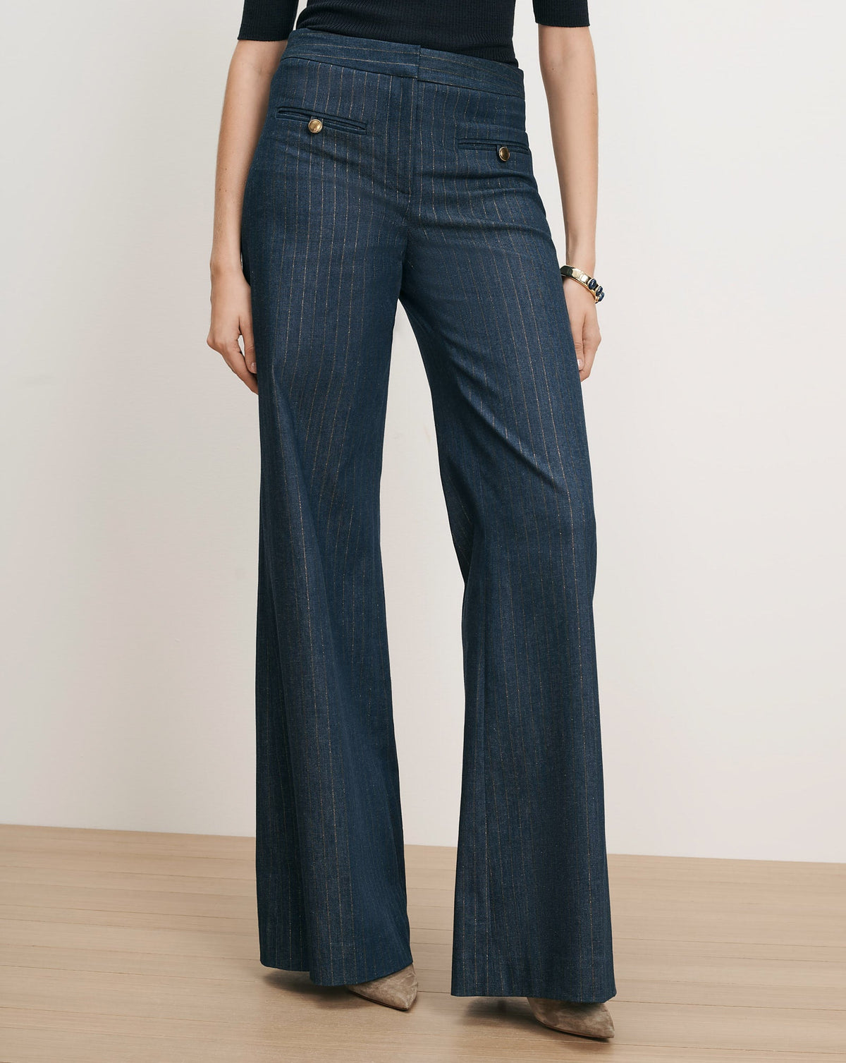 Veronica Beard | Ledger Wide-Leg Denim Pant in Blue Pinstripe Medium Indigo/Copper Medium Indigo/Copper