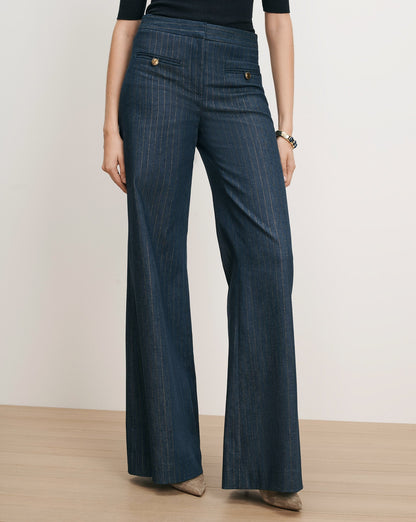 Veronica Beard | Ledger Wide-Leg Denim Pant in Blue Pinstripe Medium Indigo/Copper Medium Indigo/Copper