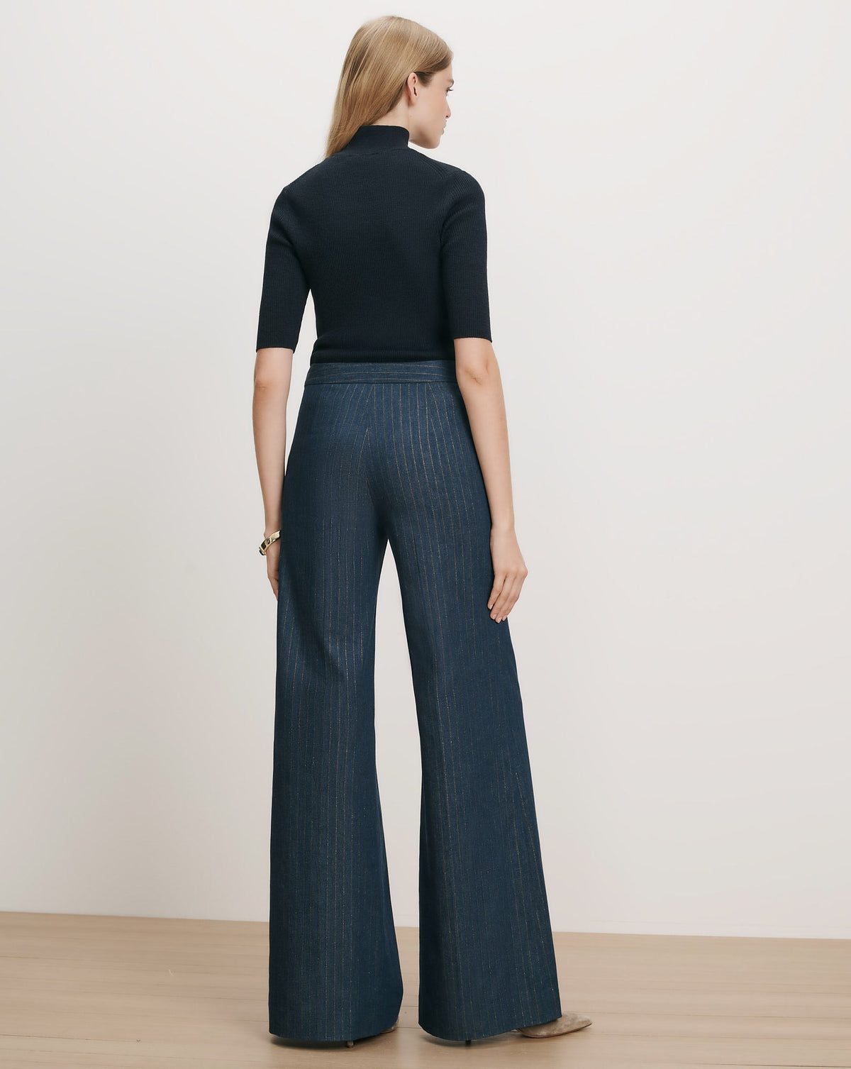 Veronica Beard | Ledger Wide-Leg Denim Pant in Blue Pinstripe Medium Indigo/Copper Medium Indigo/Copper