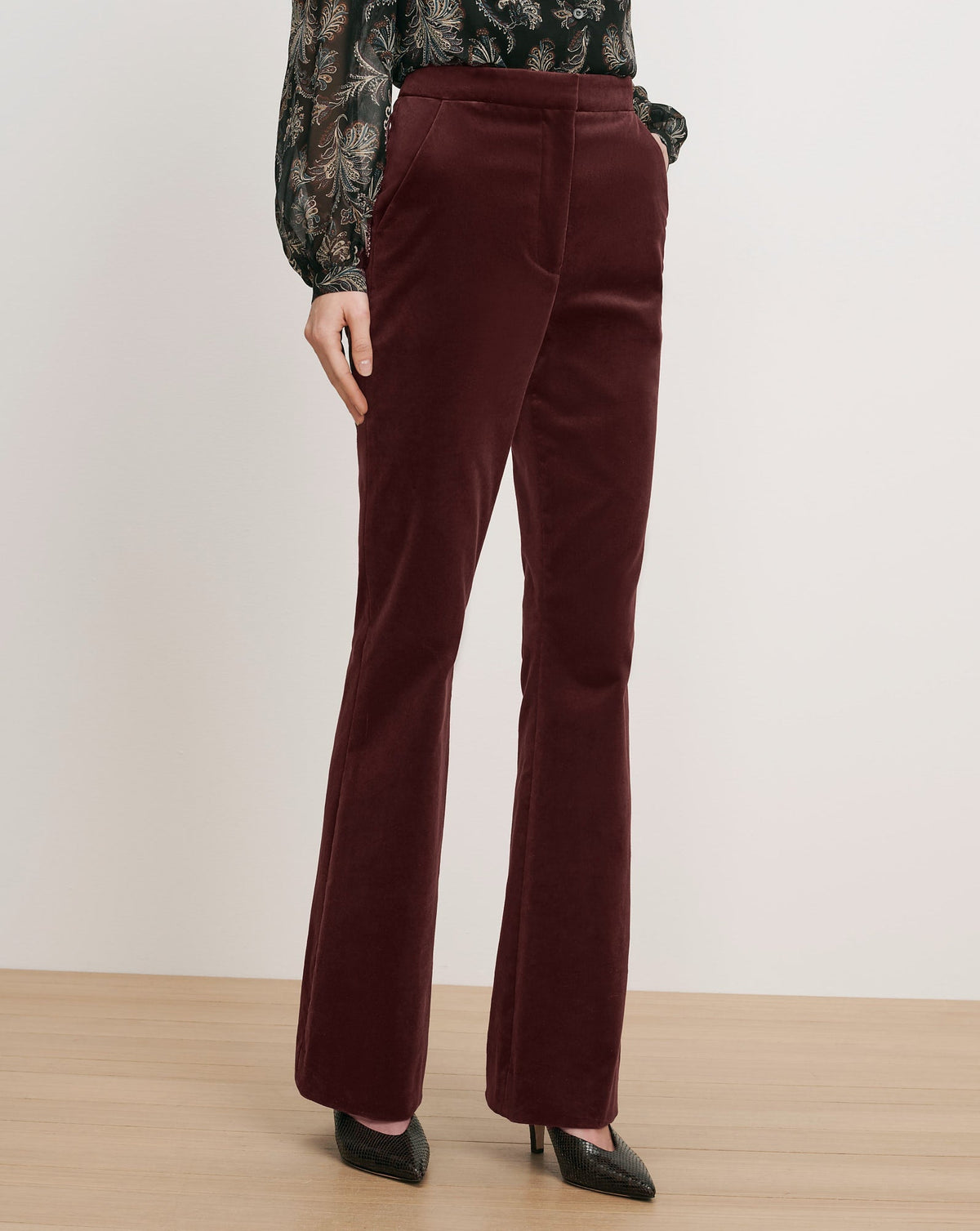Veronica Beard | Gracie Velvet Flare Pant in Burgundy Burgundy