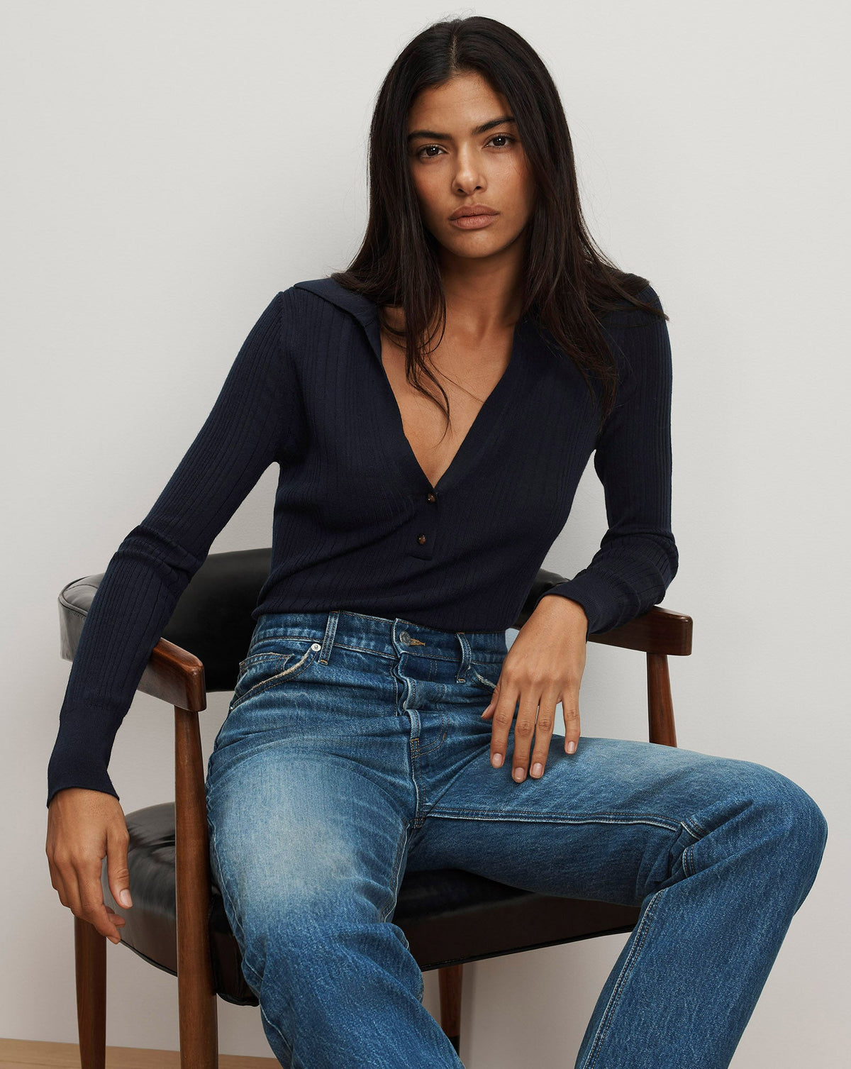 Veronica Beard | Rouni Merino Wool Collared Pullover in Navy Navy