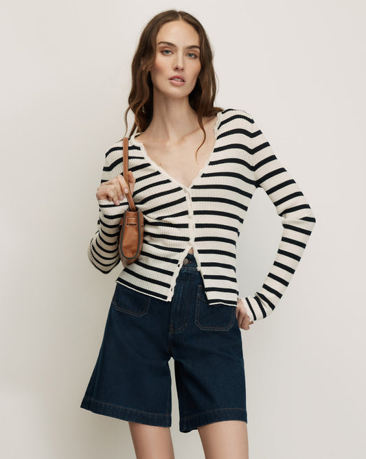 Veronica Beard | Anwin Merino Wool Cardigan in Dove White & Navy Stripes Dove White/Navy
