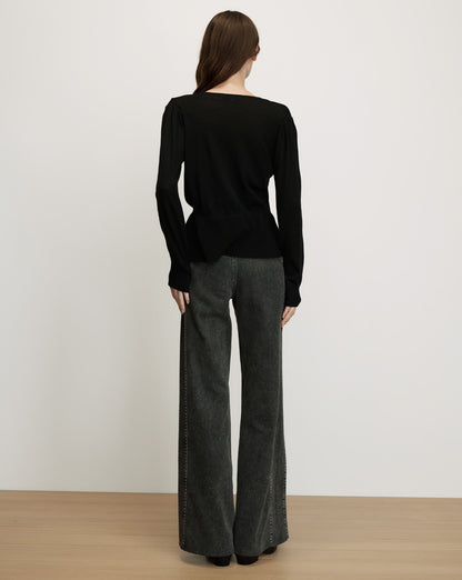 Veronica Beard | Zainen Merino Wool V-Neck Pullover in Black Black