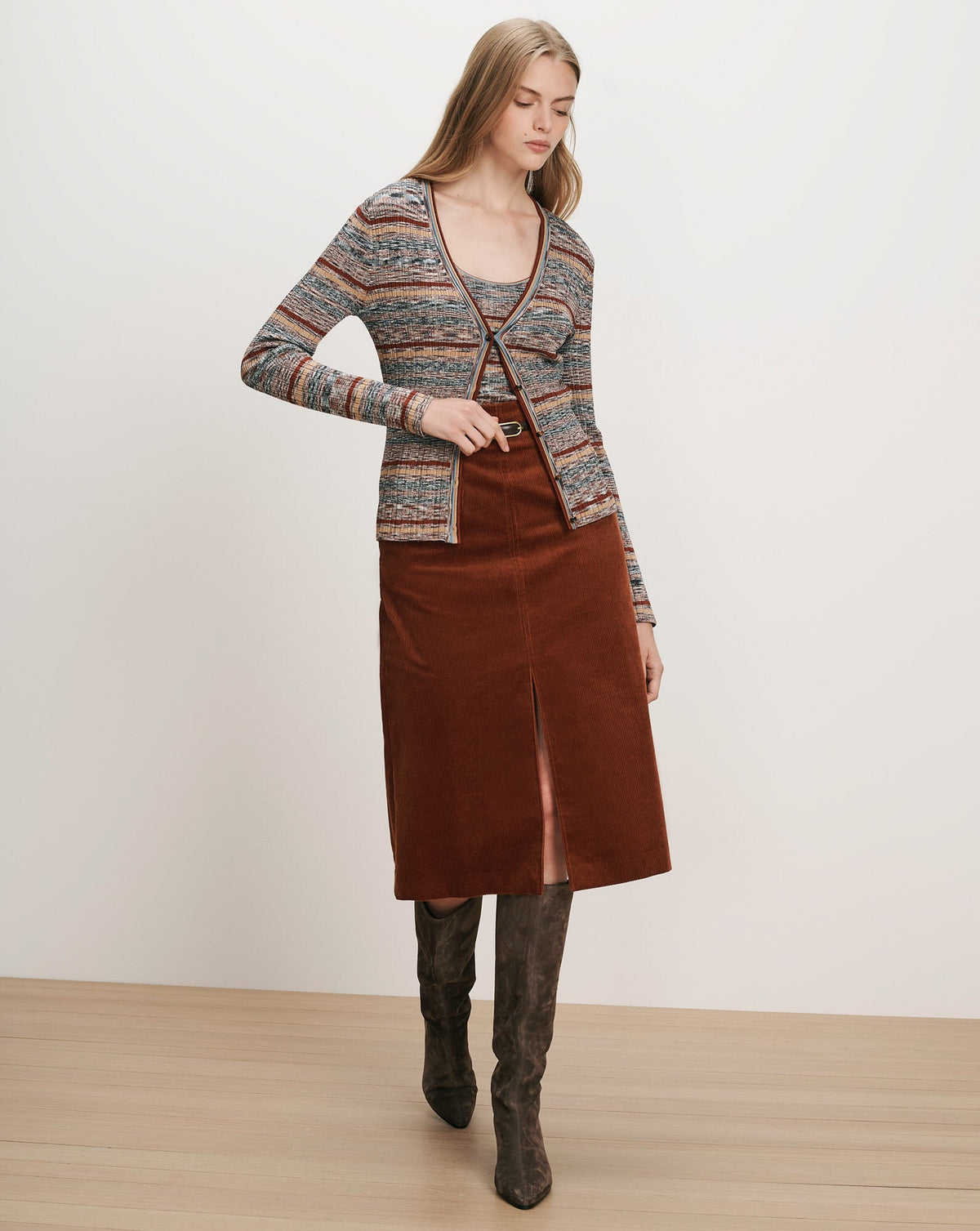 Veronica Beard | Calliope Knit Cardigan in Rust Multicolor Stripes Rust Multi