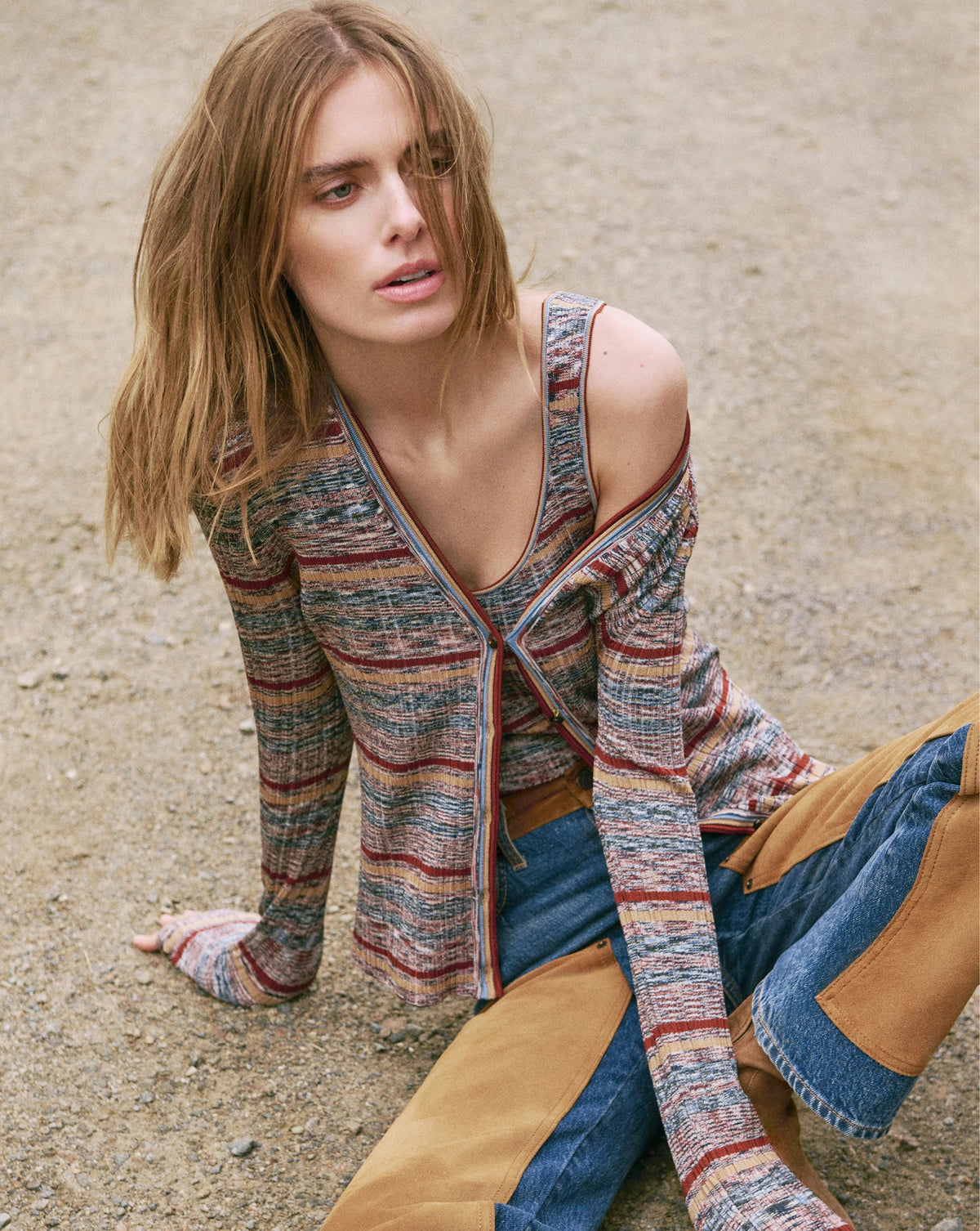 Veronica Beard | Calliope Knit Cardigan in Rust Multicolor Stripes Rust Multi
