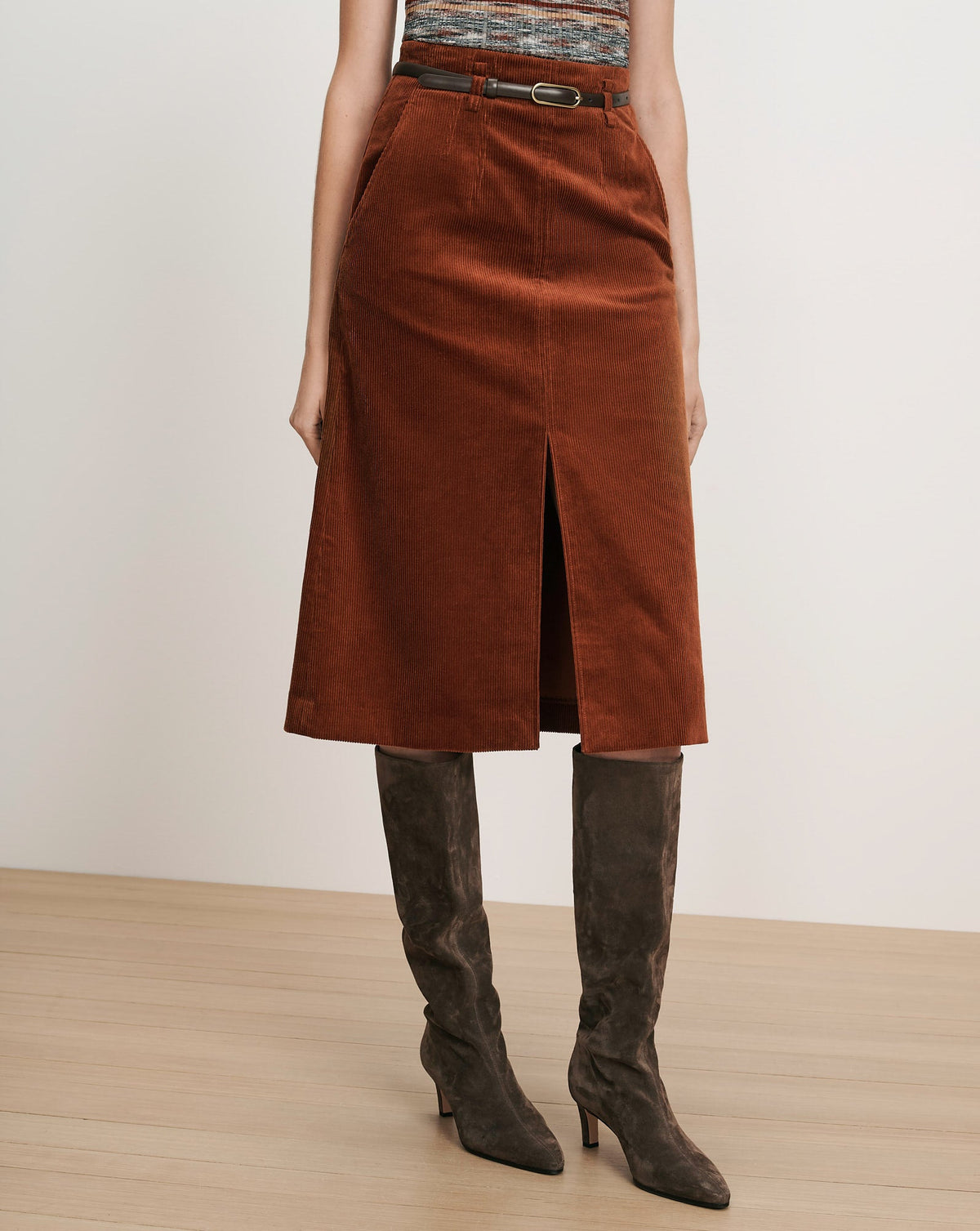 Veronica Beard | Alexie Corduroy Midi Skirt in Rust Red Rust