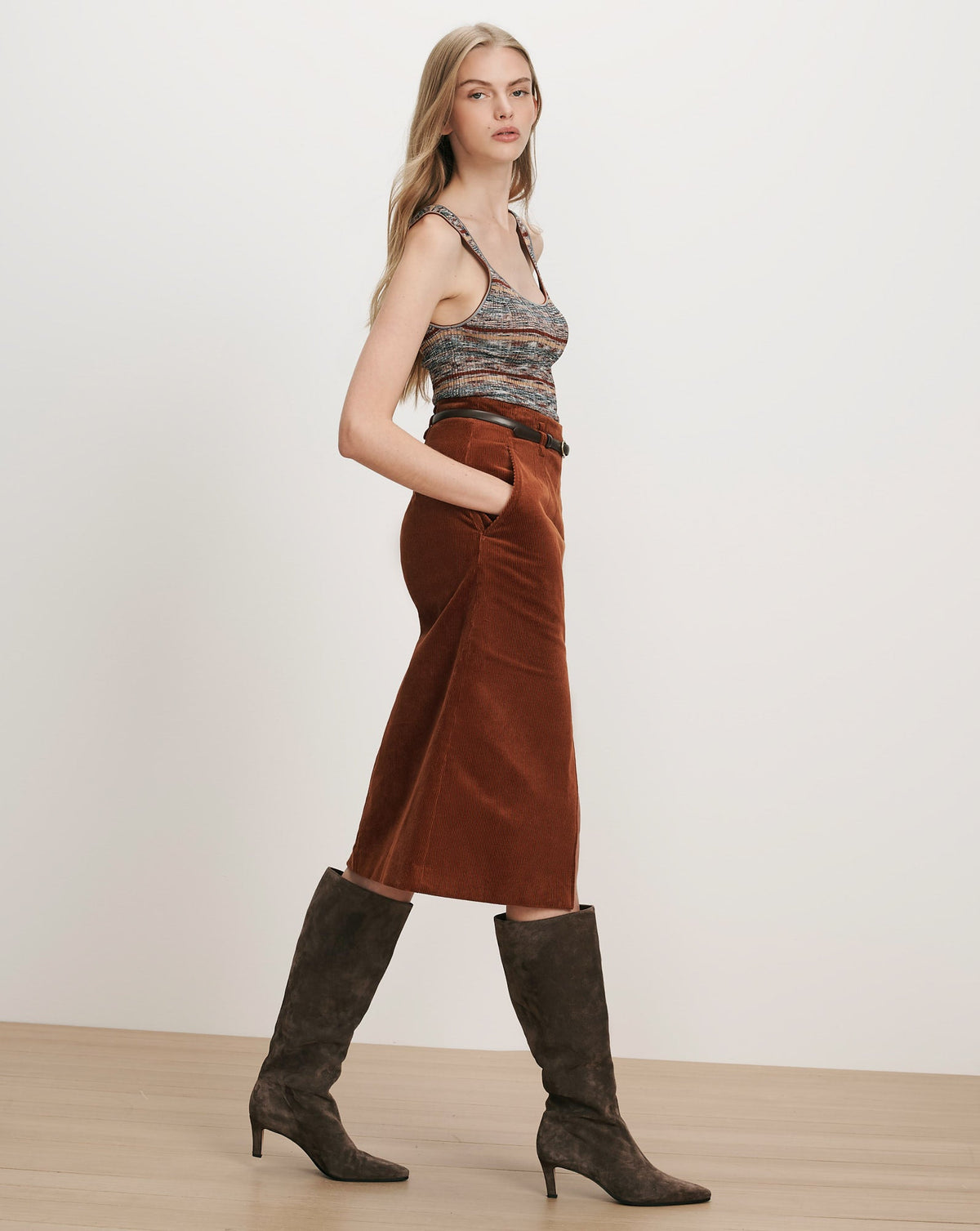 Veronica Beard | Alexie Corduroy Midi Skirt in Rust Red Rust